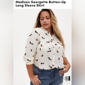 NWT Torrid Madison Georgette Ivory Dachshund Button-Up Long Sleeve Blouse 4X 26